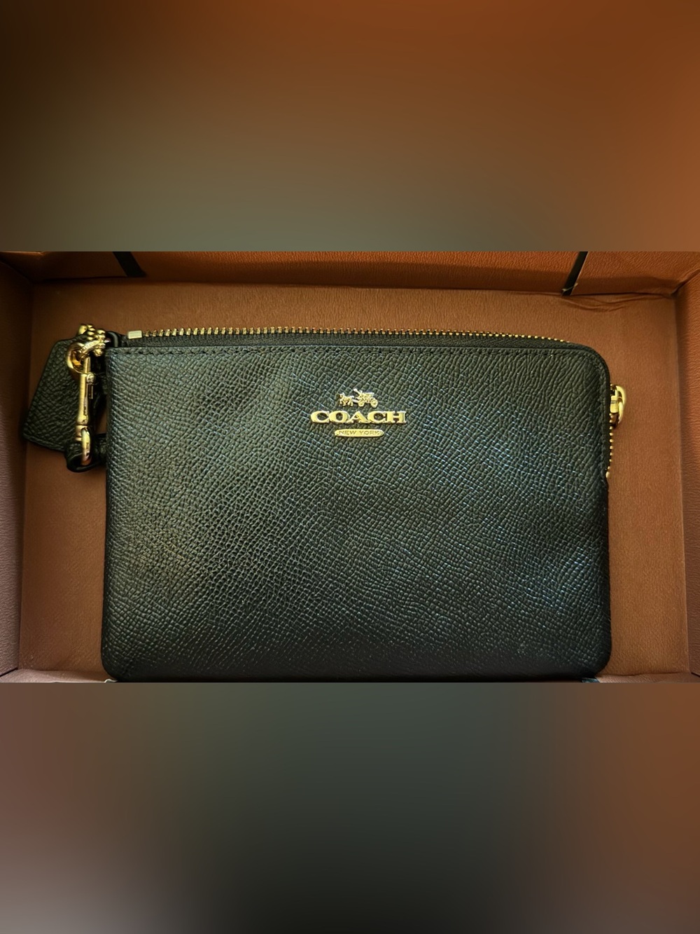 Coach Black Pebbled Leather Zip Wristlet with Gold Logo